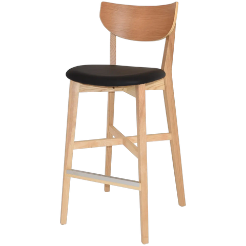 Romano Bar Stool With Natural Frame And Backrest With A Black Vinyl Seat, Viewed From Angle In Front