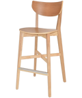 Romano Bar Stool With Natural Timber Seat And Backrest, Viewed From Angle In Front