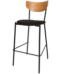 Ronaldo Bar Stool With A Black Frame And A Black Vinyl Seat With Light Oak Backrest, Viewed From Angle In Front
