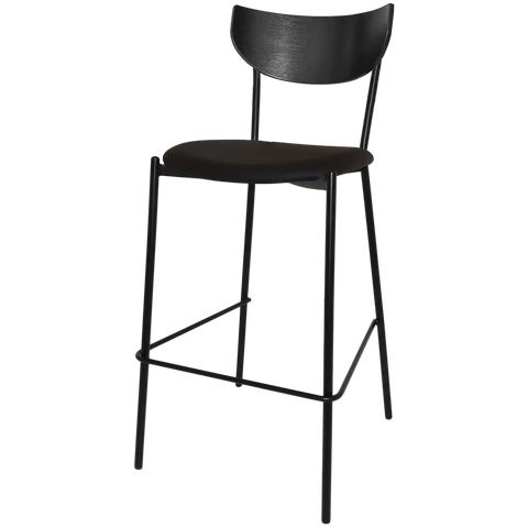 Ronaldo Bar Stool With A Black Metal Frame And Black Vinyl Seat With A Black Timber Backrest, Viewed From Angle In Front