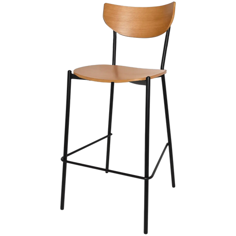 Ronaldo Bar Stool With A Black Metal Frame And Light Oak Seat And Backrest, Viewed From Angle In Front