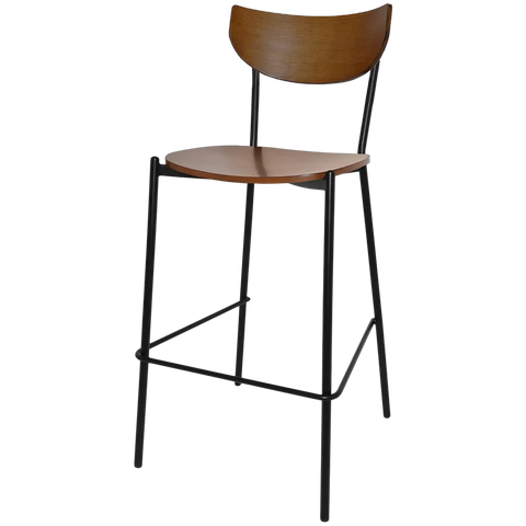 Ronaldo Bar Stool With A Black Metal Frame And Light Walnut Seat And Backrest, Viewed From Angle In Front