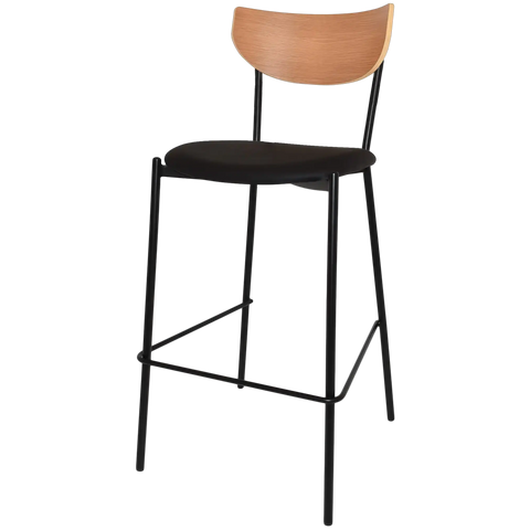Ronaldo Bar Stool With A Black Metal Frame Black Vinyl Seat And A Natural Backrest, Viewed From Angle In Front