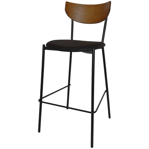 Ronaldo Bar Stool With A Black Metal Frame With A Black Vinyl Seat And A Light Walnut Backrest, Viewed From Angle In Front