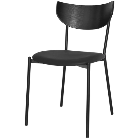 Ronaldo Chair With Black Frame And A Black Vinyl Seat With Black Timber Backrest, Viewed From Angle In Front