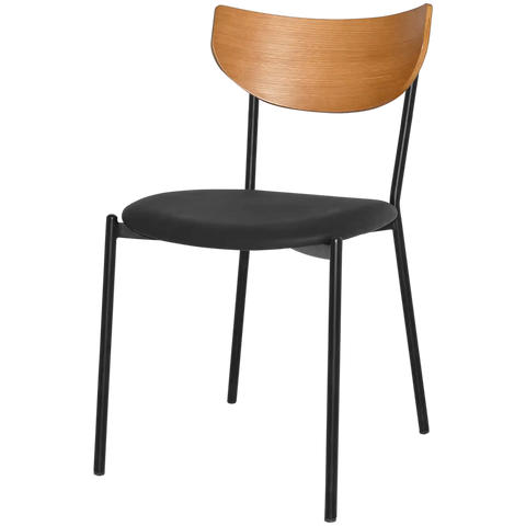 Ronaldo Chair With Black Frame Black Vinyl Seat And Light Oak Backrest, Viewed From Angle In Front