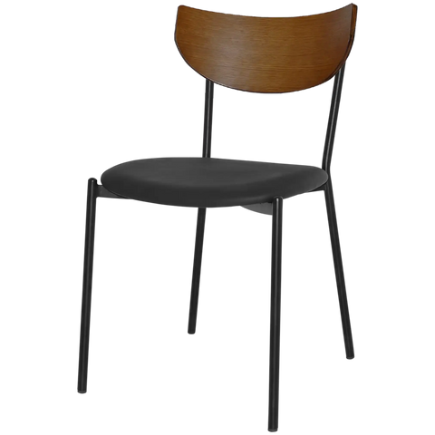 Ronaldo Chair With Black Frame Black Vinyl Seat And Light Walnut Backrest, Viewed From Angle In Front