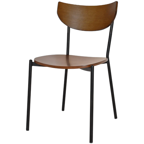 Ronaldo Chair With Black Metal Frame And Light Walnut Seat And Backrest, Viewed From Angle In Front