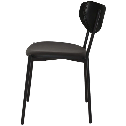 Ronaldo Chair With Black Metal Frame With A Black Vinyl Seat And Back, Viewed From Angle On Side