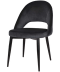 Saffron Chair In Black Metal With 4 Leg With Regis Charcoal Fabric, Viewed From Front Angle