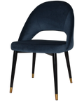 Saffron Chair In Black With Brass Tip Metal With 4 Leg With Regis Navy Fabric, Viewed From Front Angle