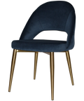 Saffron Chair In Brass With Metal 4 Leg With Regis Navy Fabric, Viewed From Front Angle