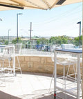 Squire Table Base On Castors Compact Laminate Table Top And Jett Stools Outdoor Dining At Murray Bridge Hotel