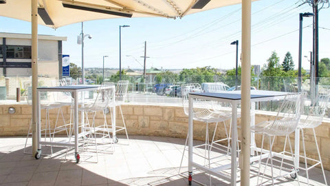 Squire Table Base On Castors Compact Laminate Table Top And Jett Stools Outdoor Dining At Murray Bridge Hotel