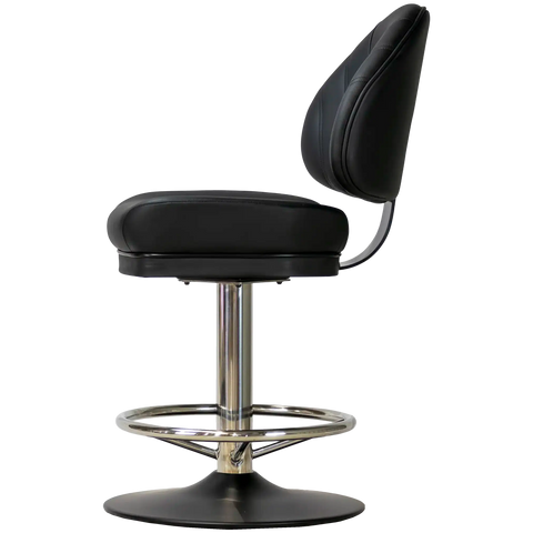 Stirling II Gaming Stool Black Seat Stainless Column Footring Black Disc, Viewed From Side