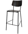 Venice Bar Stool With Black Frame And Black Timber Seat And Backrest, Viewed From Angle In Front