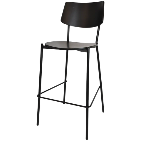 Venice Bar Stool With Black Frame And Black Timber Seat And Backrest, Viewed From Angle In Front