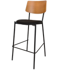 Venice Bar Stool With Black Frame And Black Vinyl Seat And Light Oak Backrest, Viewed From Angle In Front