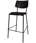 Venice Bar Stool With Black Frame And Black Vinyl Seat With Black Timber Backrest, Viewed From Angle In Front
