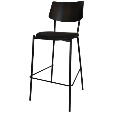 Venice Bar Stool With Black Frame And Black Vinyl Seat With Black Timber Backrest, Viewed From Angle In Front