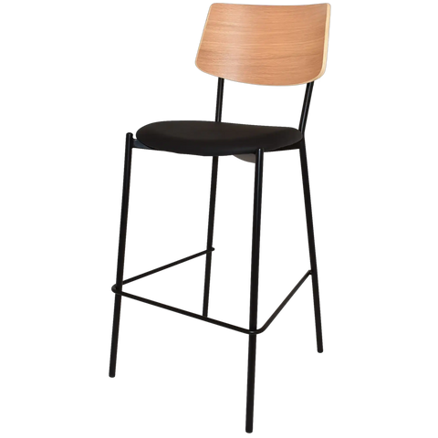 Venice Bar Stool With Black Frame And Black Vinyl Seat With Natural Back, Viewed From Angle In Front