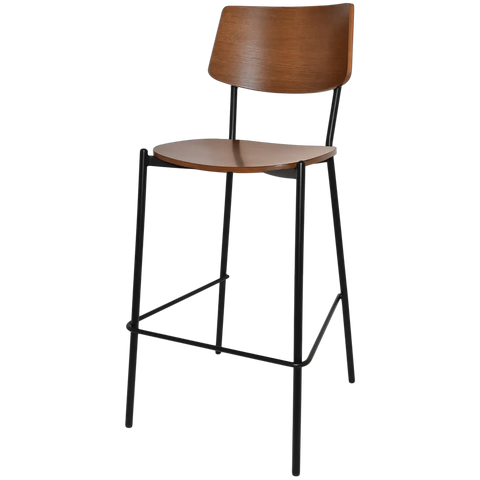Venice Bar Stool With Black Frame And Light Walnut Seat And Backrest, Viewed From Angle In Front