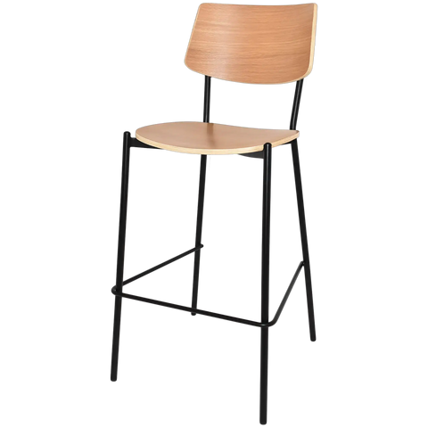Venice Bar Stool With Black Frame And Natural Seat And Backrest, Viewed From Angle In Front