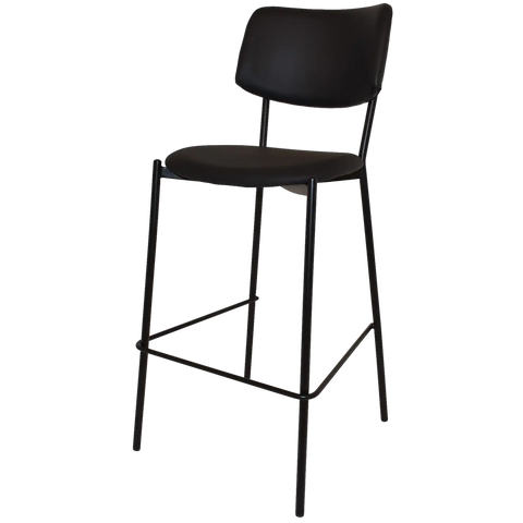 Venice Bar Stool With Black Frame Black And Vinyl Seat And Backrest, Viewed From Angle In Front