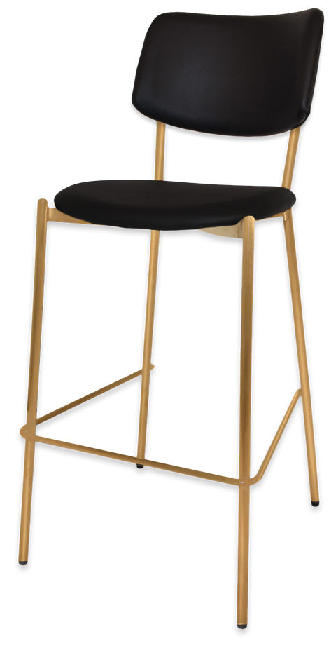Venice Bar Stool With Black Vinyl Backrest And Seat And A Brass Frame Viewed From Front Angle