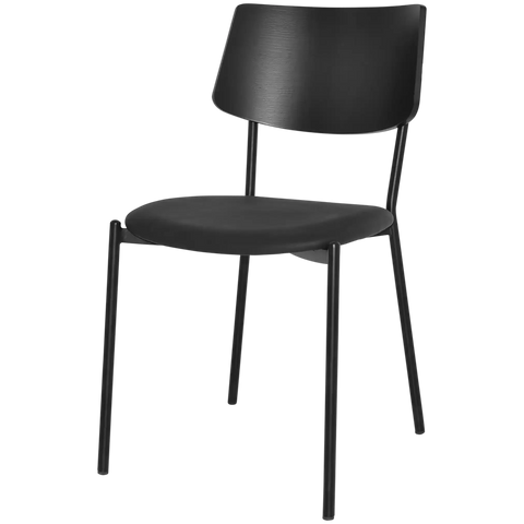 Venice Chair With Black Frame And Black Vinyl Seat With Black Timber Backrest, Viewed From Angle In Front