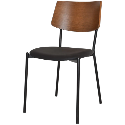 Venice Chair With Black Frame And Black Vinyl Seat With Light Oak Backrest, Viewed From Angle In Front