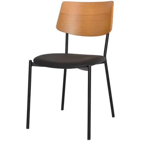 Venice Chair With Black Frame And Black Vinyl Seat With Light Oak Backrest, Viewed From Front Angle