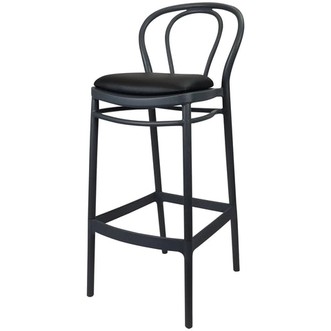 Victor Bar Stool By Siesta In Anthracite With Black Vinyl Seat Pad, Viewed From Angle