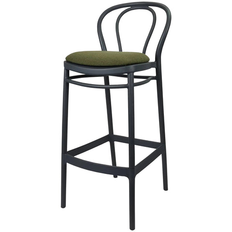 Victor Bar Stool By Siesta In Anthracite With Olive Green Seat Pad, Viewed From Angle