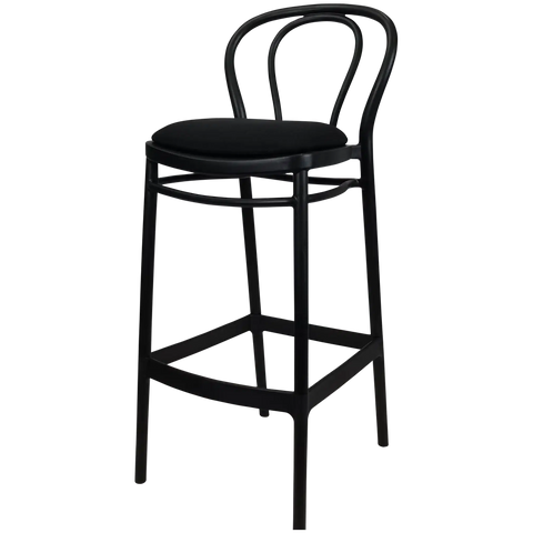 Victor Bar Stool By Siesta In Black With Black Seat Pad, Viewed From Angle