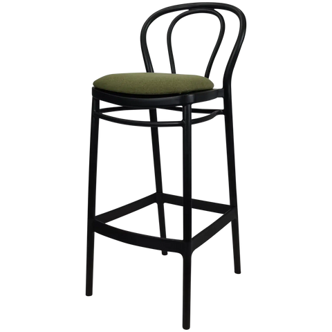 Victor Bar Stool By Siesta In Black With Olive Green Seat Pad, Viewed From Angle