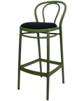 Victor Bar Stool By Siesta In Olive Green With Black Seat Pad, Viewed From Angle
