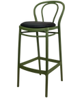 Victor Bar Stool By Siesta In Olive Green With Black Vinyl Seat Pad, Viewed From Angle