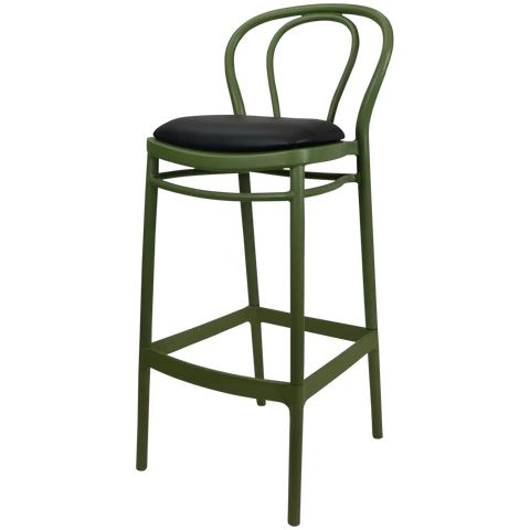 Victor Bar Stool By Siesta In Olive Green With Black Vinyl Seat Pad, Viewed From Angle