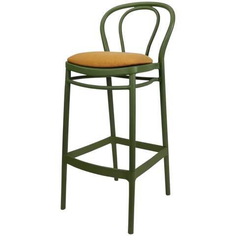 Victor Bar Stool By Siesta In Olive Green With Orange Seat Pad, Viewed From Angle