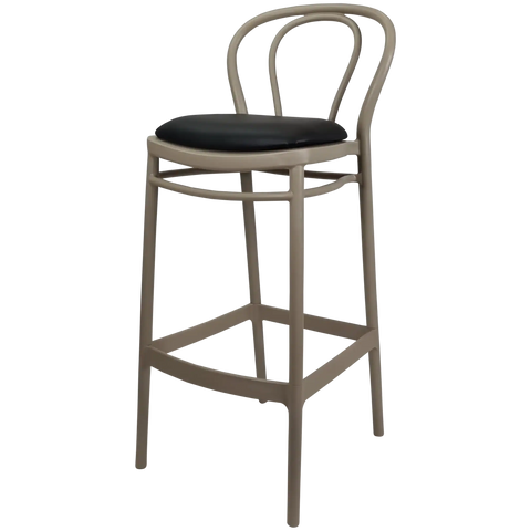 Victor Bar Stool By Siesta In Taupe With Black Vinyl Seat Pad, Viewed From Angle