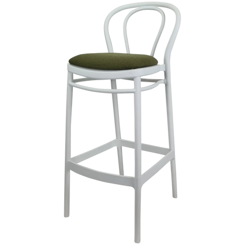 Victor Bar Stool By Siesta In White With Olive Green Seat Pad, Viewed From Angle
