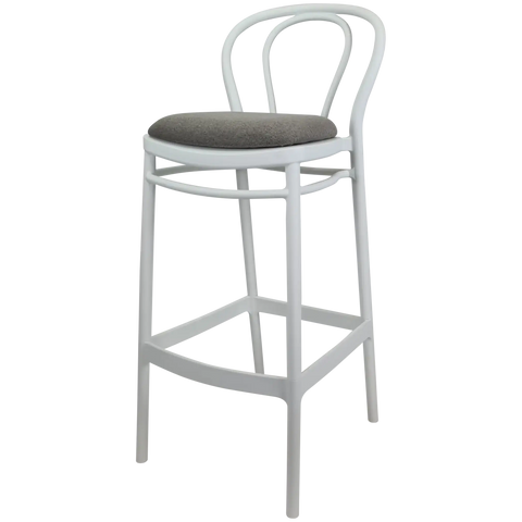 Victor Bar Stool By Siesta In White With Taupe Seat Pad, Viewed From Angle