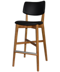 Vinnix Bar Stool With A Light Oak Frame And A Black Vinyl Seat And Backrest, Viewed From Front Angle
