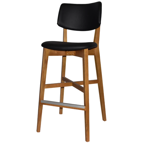 Vinnix Bar Stool With A Light Oak Frame And A Black Vinyl Seat And Backrest, Viewed From Front Angle