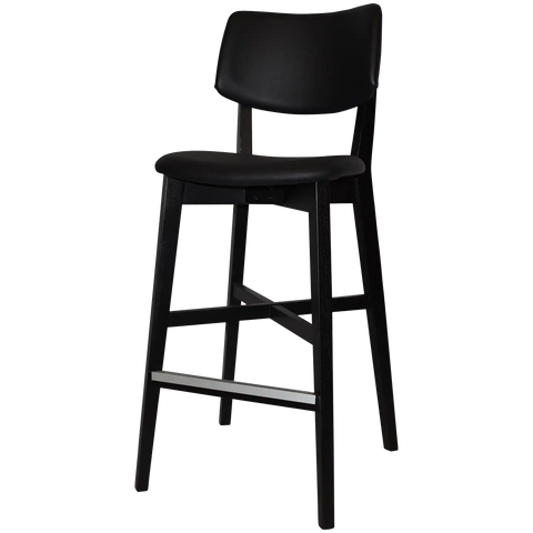 Vinnix Bar Stool With Black Timber Frame And Black Vinyl Upholstered Seat And Back, Viewed From Angle In Front