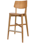 Vinnix Bar Stool With Light Oak Timber Frame And Veneer Seat, Viewed From Angle In Front