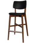 Vinnix Bar Stool With Light Walnut Frame And A Black Vinyl Seat And Backrest, Viewed From Front Angle