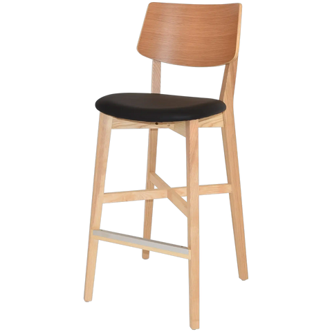 Vinnix Bar Stool With Natural Frame A Black Vinyl Seat And Natural Backrest, Viewed From Angle In Front