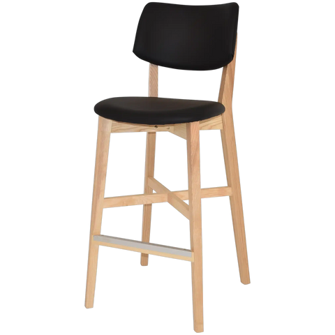 Vinnix Bar Stool With Natural Timber Frame And Black Vinyl Upholstered Seat And Back, Viewed From Angle In Front